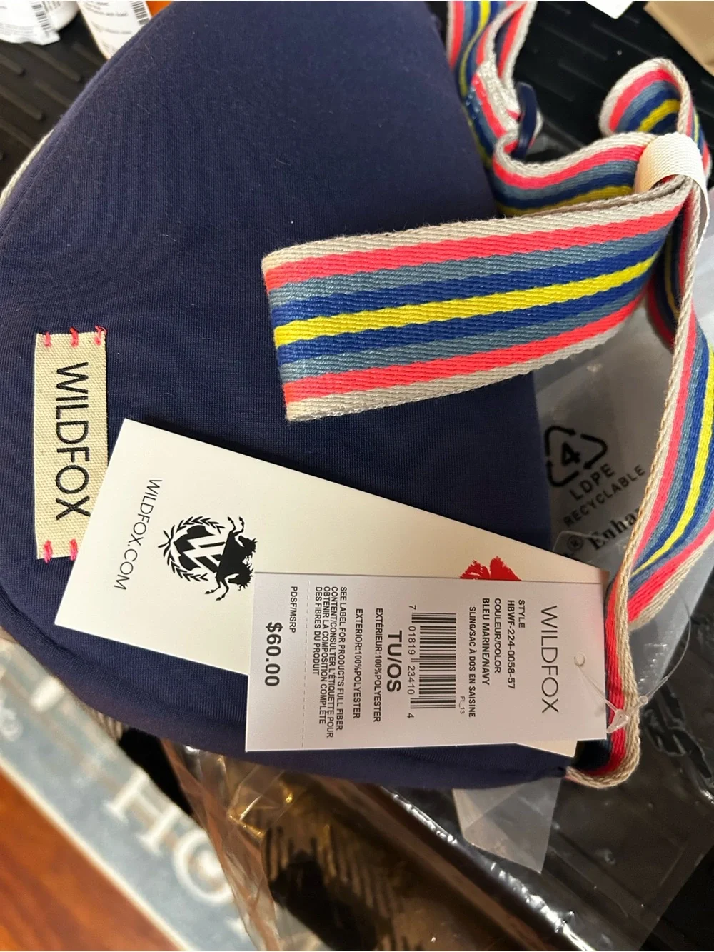 Wildfox Navy Heart Crossbody Bag with Multicolor Stripe Strap